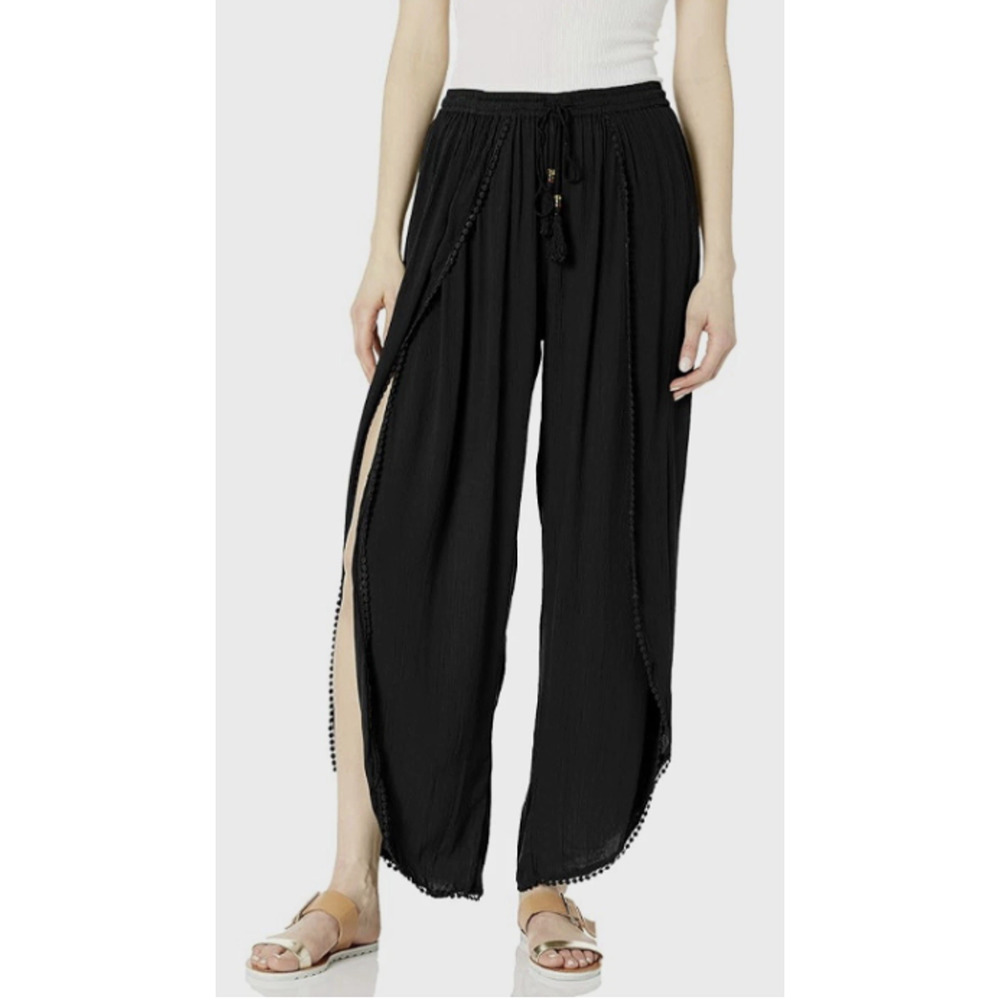 Angie Seersucker Open Side Leg Pants Size XS Black Trim Tassle Drawstring Boho